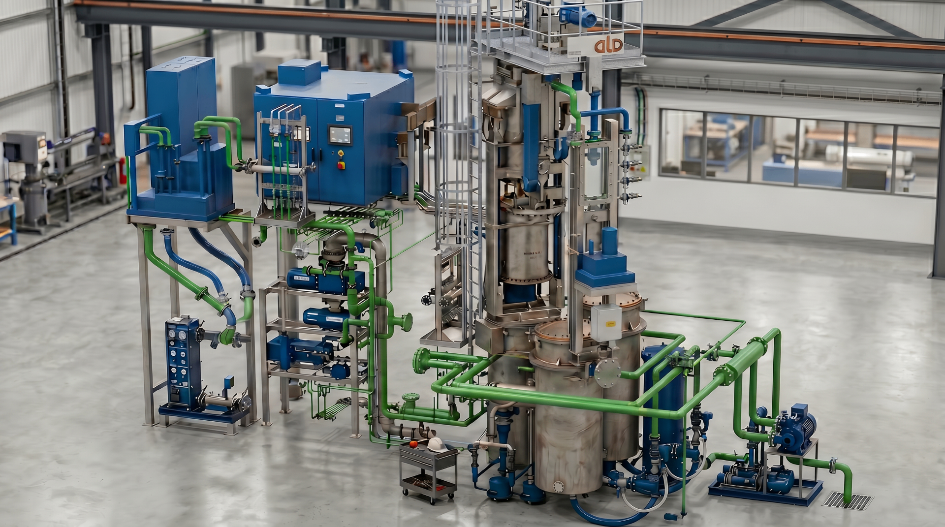 Impianto forno a vuoto per trattamento termico — vista completa con tubazioni e pompe